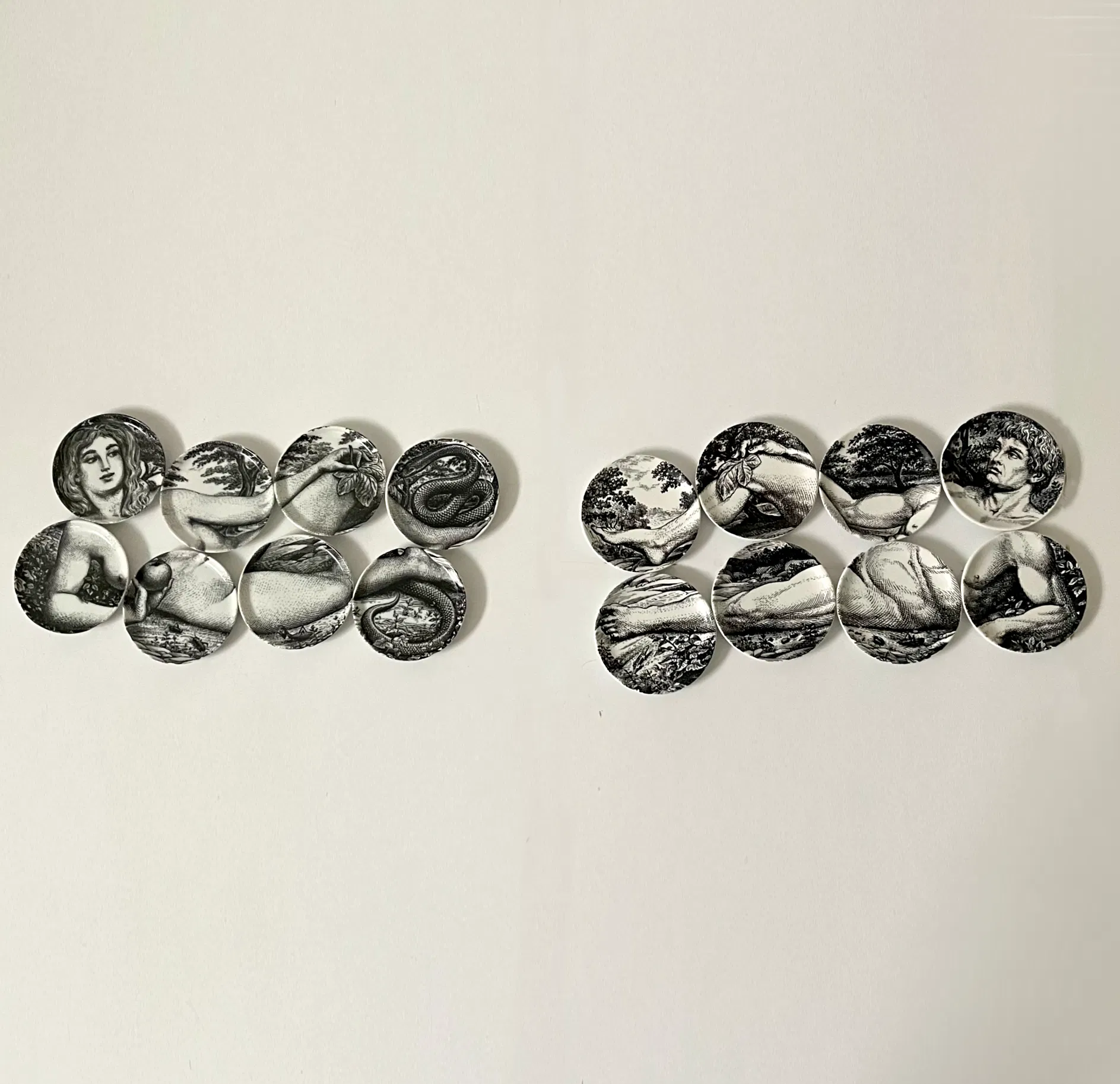 FORNASETTI, Set 16 Piattini Adamo ed Eva in porcellana