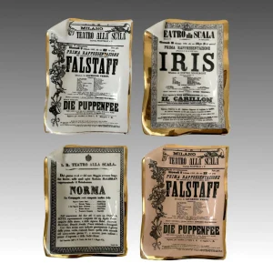Quattro svuotatasche: Falstaff, Iris e Norma, ceramica con stampa grafica - Piero Fornasetti